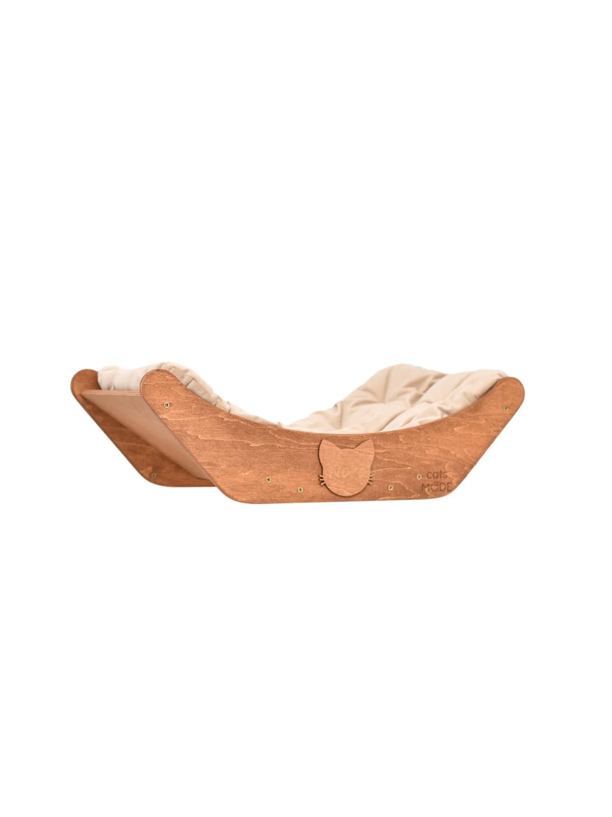 floating cat shelf bed in oak color with sleeping cat pillow