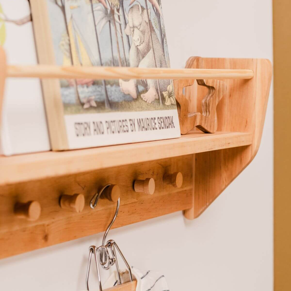 woody shelf with hooks