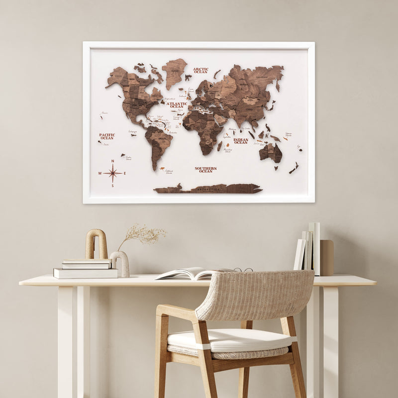 3D Wooden Panel World Map Dark Walnut