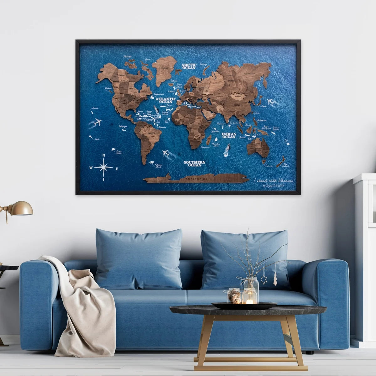 3D Wooden Panel World Map Dark Walnut (B2B)