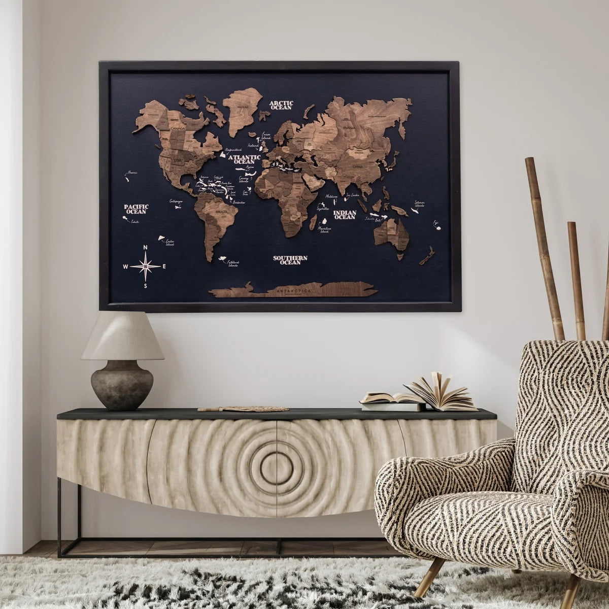3D Wooden Panel World Map Dark Walnut (B2B)