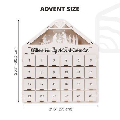 Willow Family Advent Calendar with dimensions on a white background