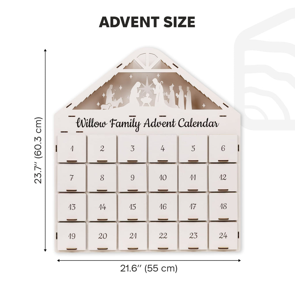 Willow Family Advent Calendar with dimensions on a white background