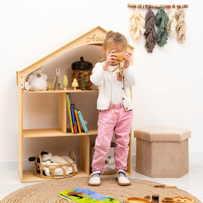 large wood dollhouse bookcase for kid's playroom