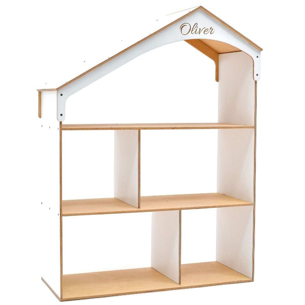 white bookcase house with personalization