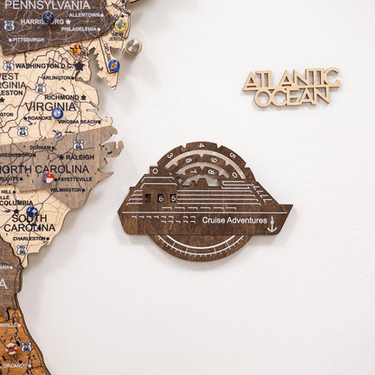 Travel Tracker Cruise Liner 3D Colored Wooden World Map - Dark Walnut