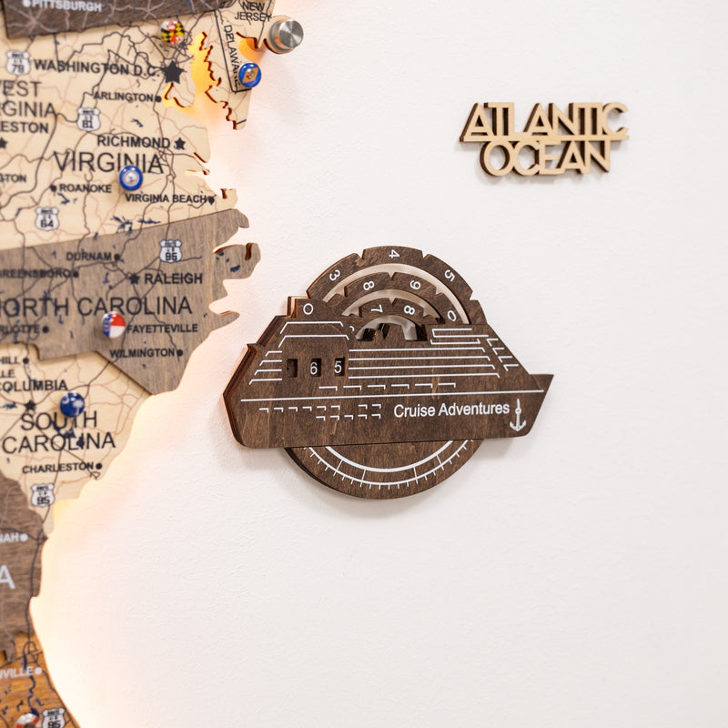 Travel Tracker Cruise Liner 3D Colored Wooden World Map - Dark Walnut