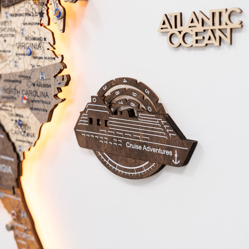 Travel Tracker Cruise Liner 3D Colored Wooden World Map - Dark Walnut