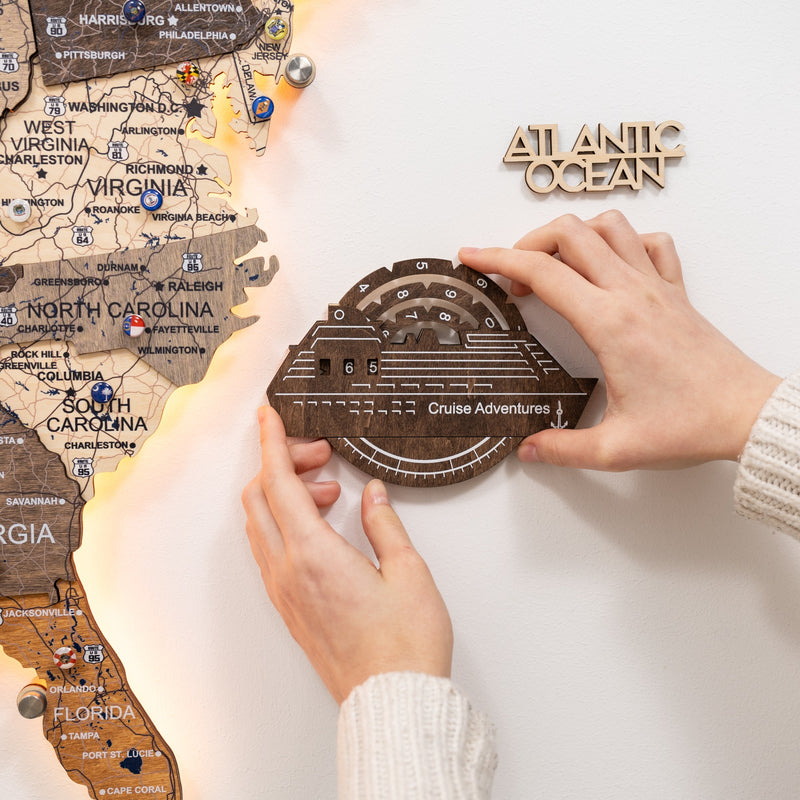 Travel Tracker Cruise Liner 3D Colored Wooden World Map - Dark Walnut