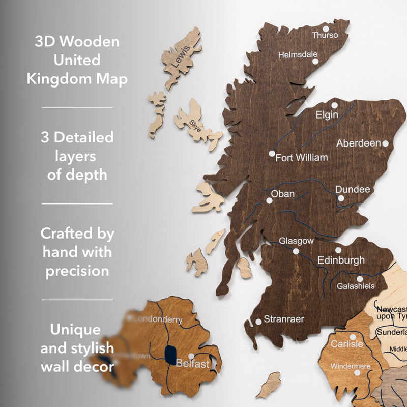 3D Wooden Map of the United Kingdom - Multicolor