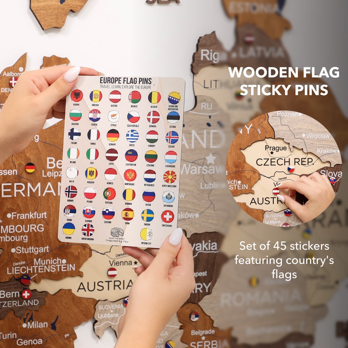 Set of wooden flag sticky pins with a map background