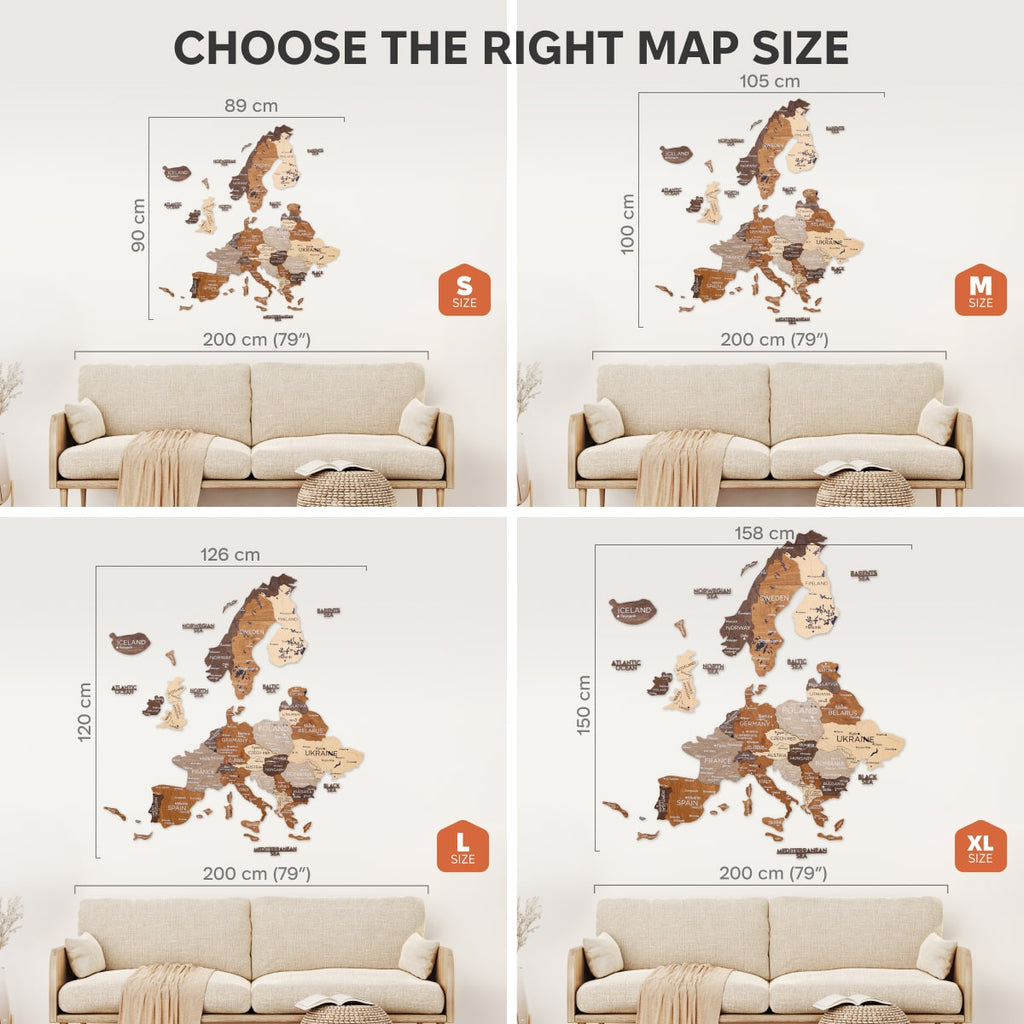 Map size selection guide with different map sizes displayed on a wall above a sofa.