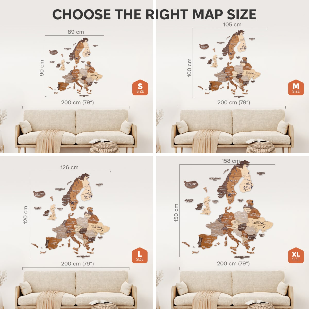 Map size selection guide with different map sizes displayed on a wall above a sofa.