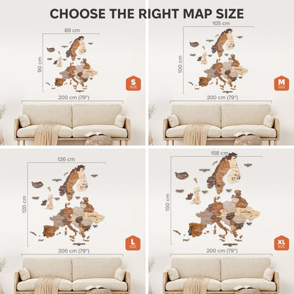 Map size selection guide with different map sizes displayed on a wall above a sofa.