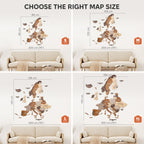 Map size selection guide with different map sizes displayed on a wall above a sofa.