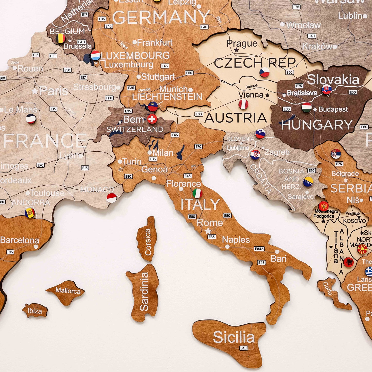 Map of Europe with wooden cutout shapes of countries