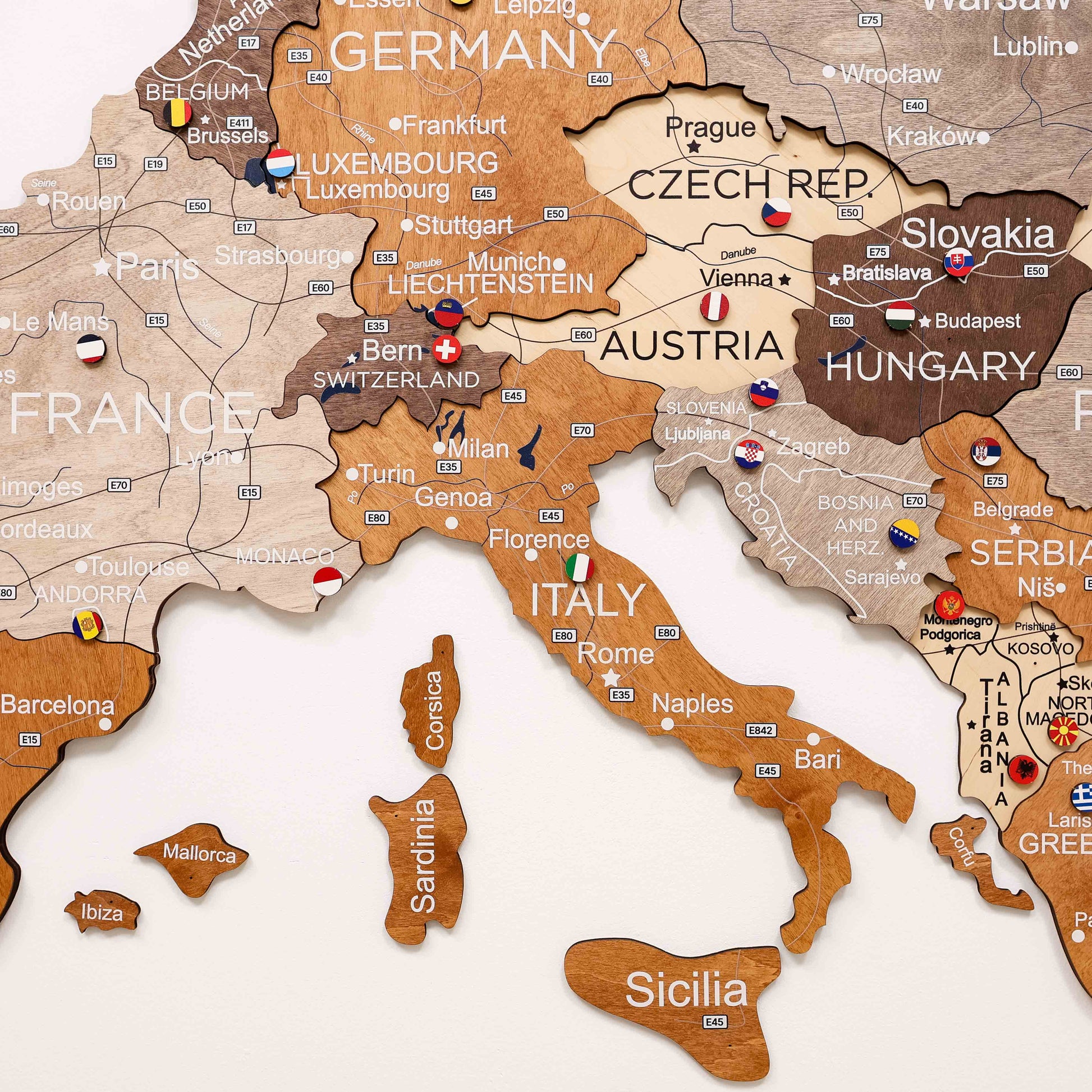 Map of Europe with wooden cutout shapes of countries
