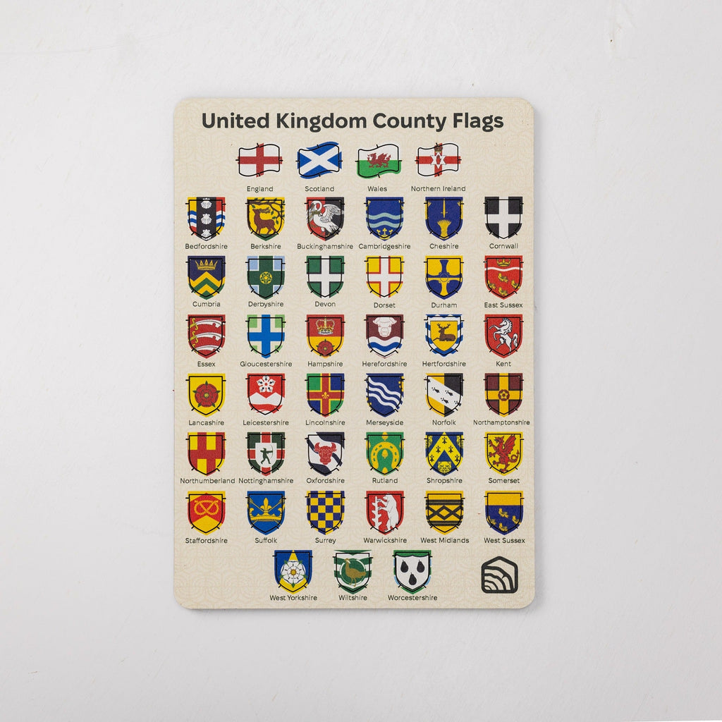 Wooden plaque with United Kingdom county flags on a white background