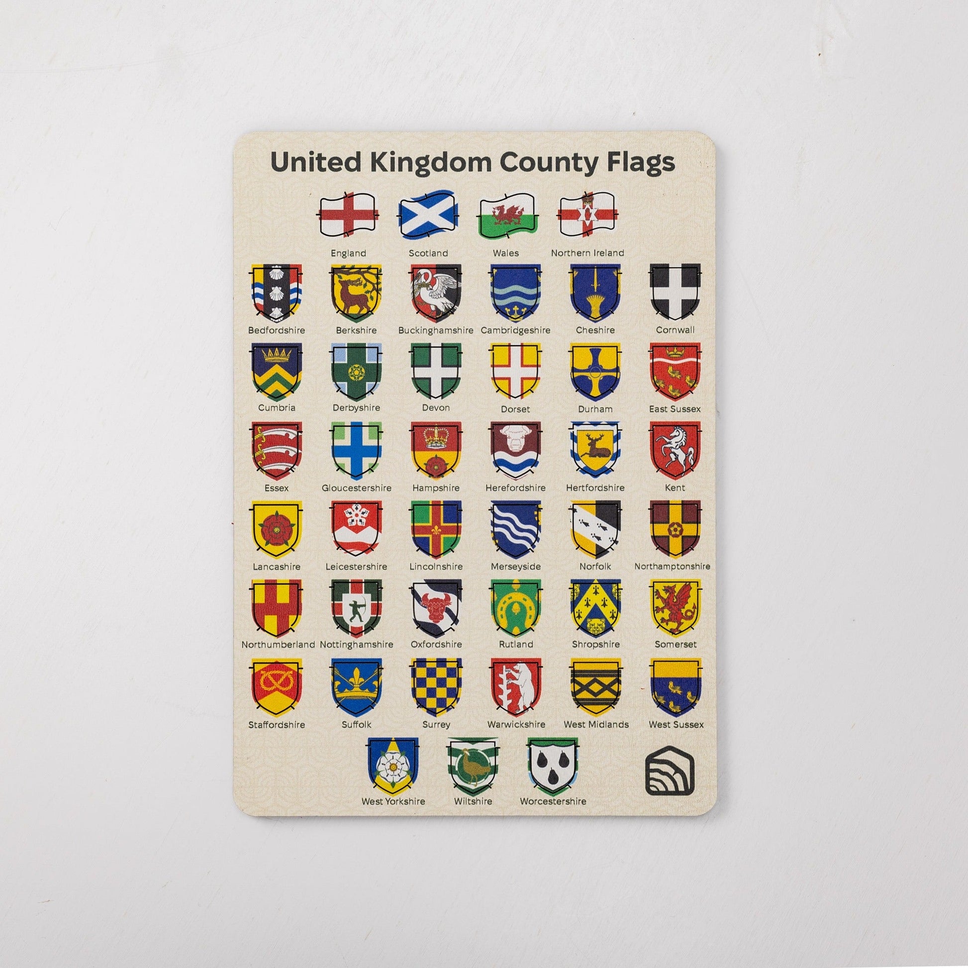 Wooden plaque with United Kingdom county flags on a white background