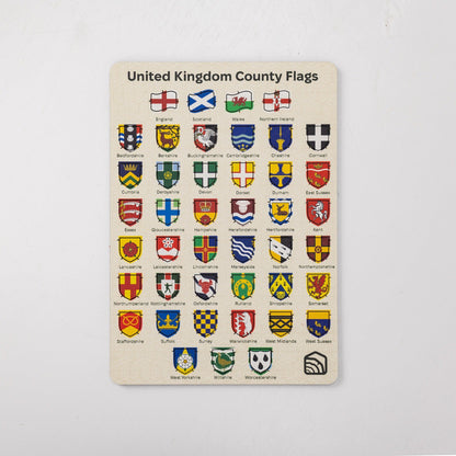 Wooden plaque with United Kingdom county flags on a white background