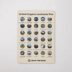 Packaging of United Kingdom Landmarks Pins with icons on a beige background
