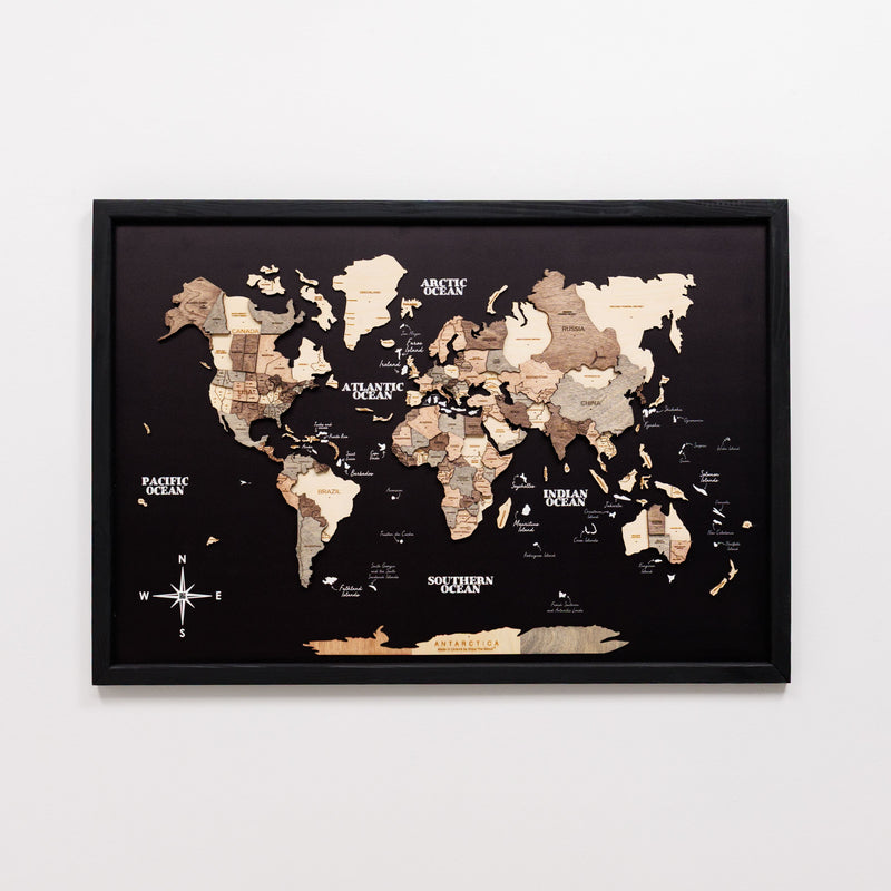 3D Wooden Panel World Map Smokey