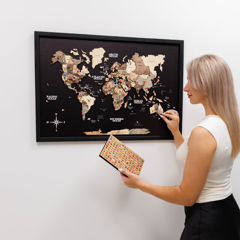 3D Wooden Panel World Map Smokey