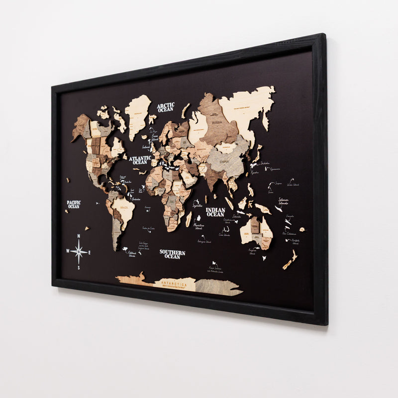 3D Wooden Panel World Map Smokey