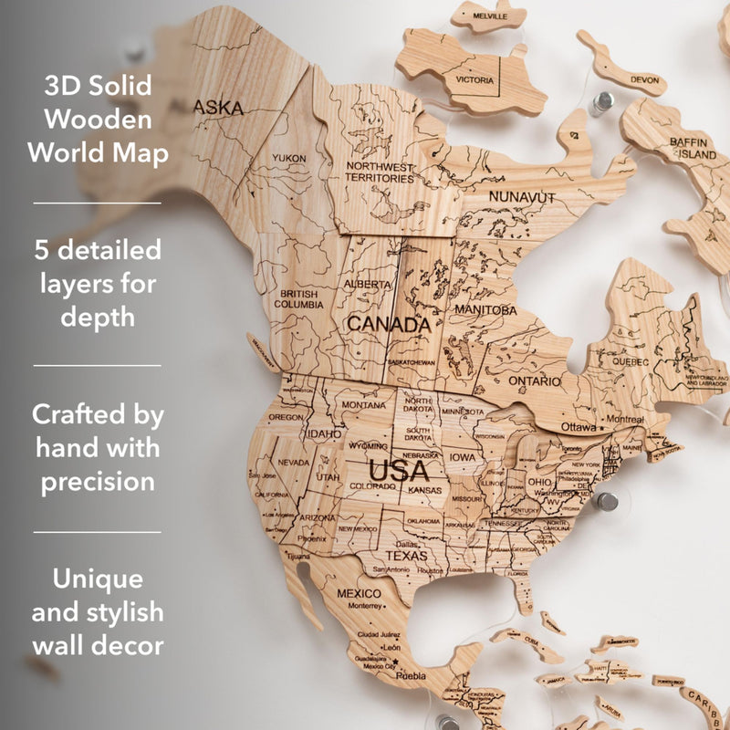 3D Solid Wooden World Map - Ash