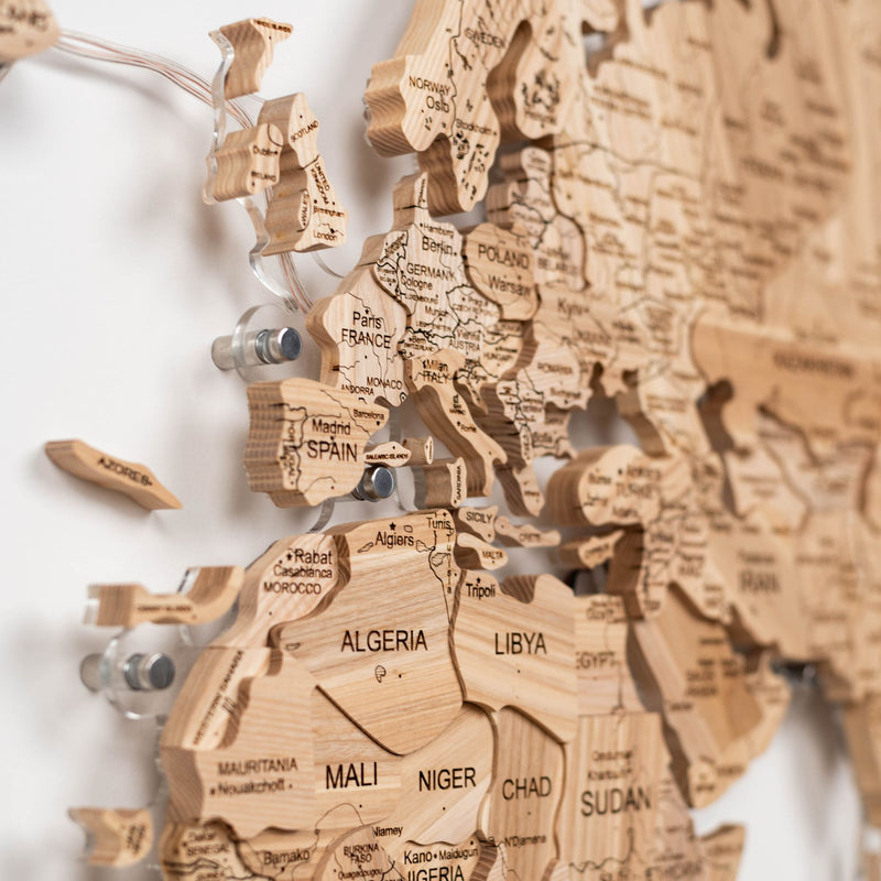 3D Solid Wooden World Map - Ash