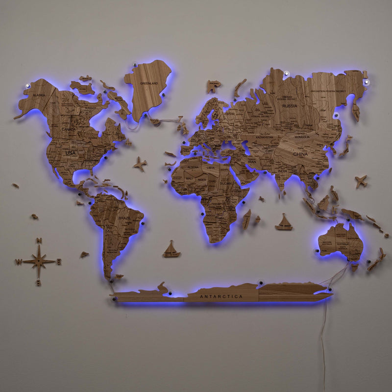 3D Solid Wooden World Map - Ash