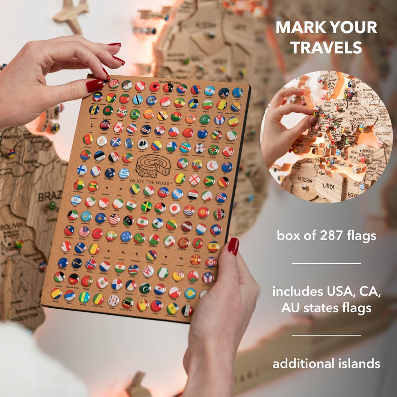 3D Solid Wooden World Map - Ash