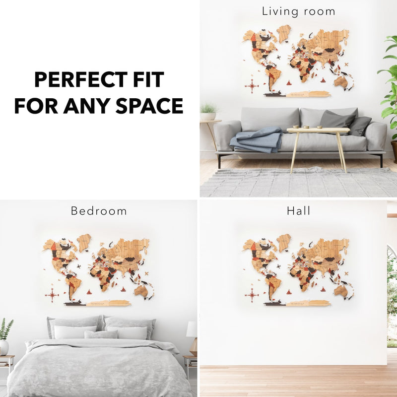 3D Solid Wooden World Map - Ash