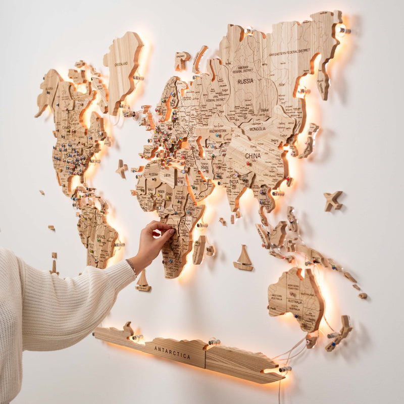 3D Solid Wooden World Map - Ash