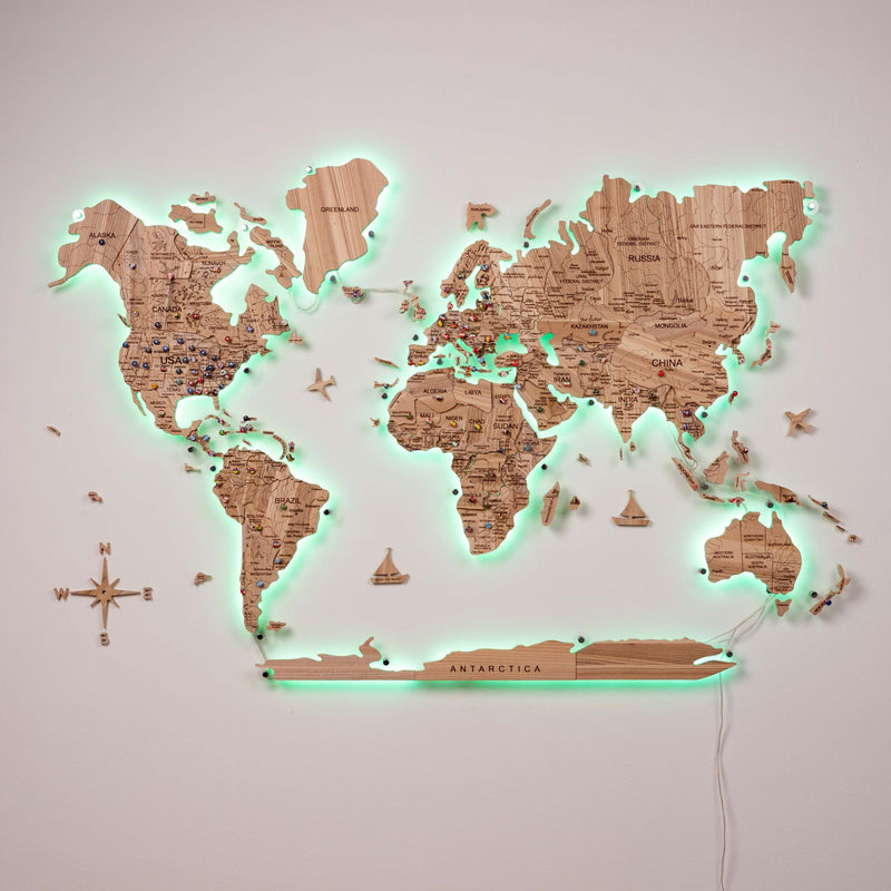 3D Solid Wooden World Map - Ash