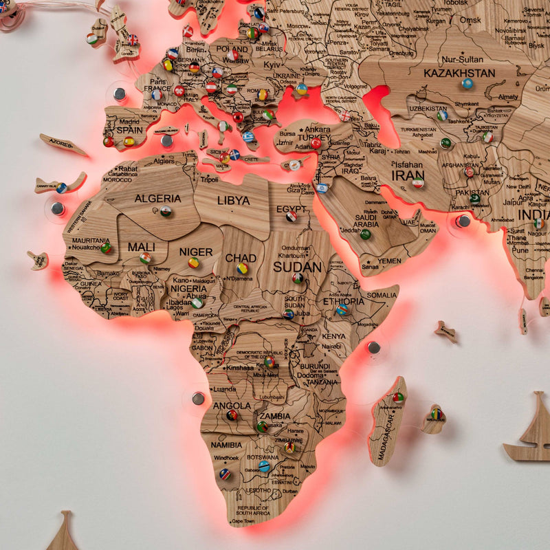 3D Solid Wooden World Map - Ash