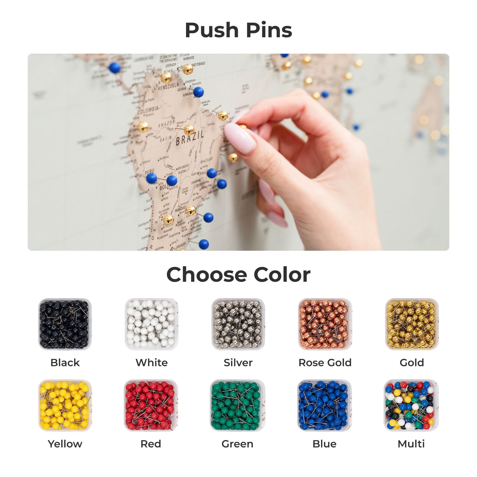 world push pin travel map on canvas
