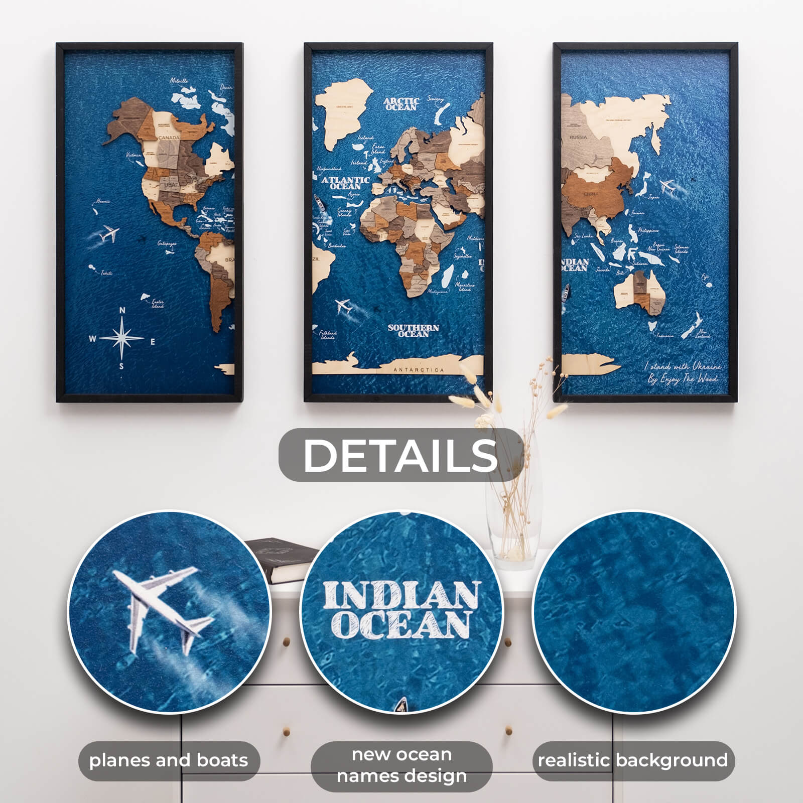 3D Wooden Triptych World Map Urban