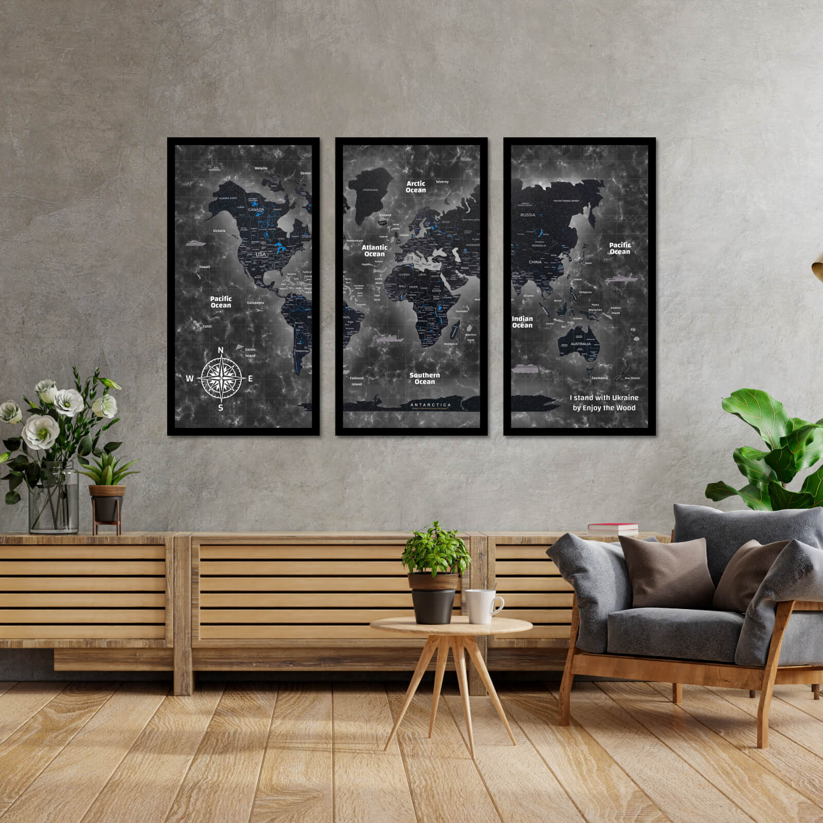 2D Cork Triptych World Map Black