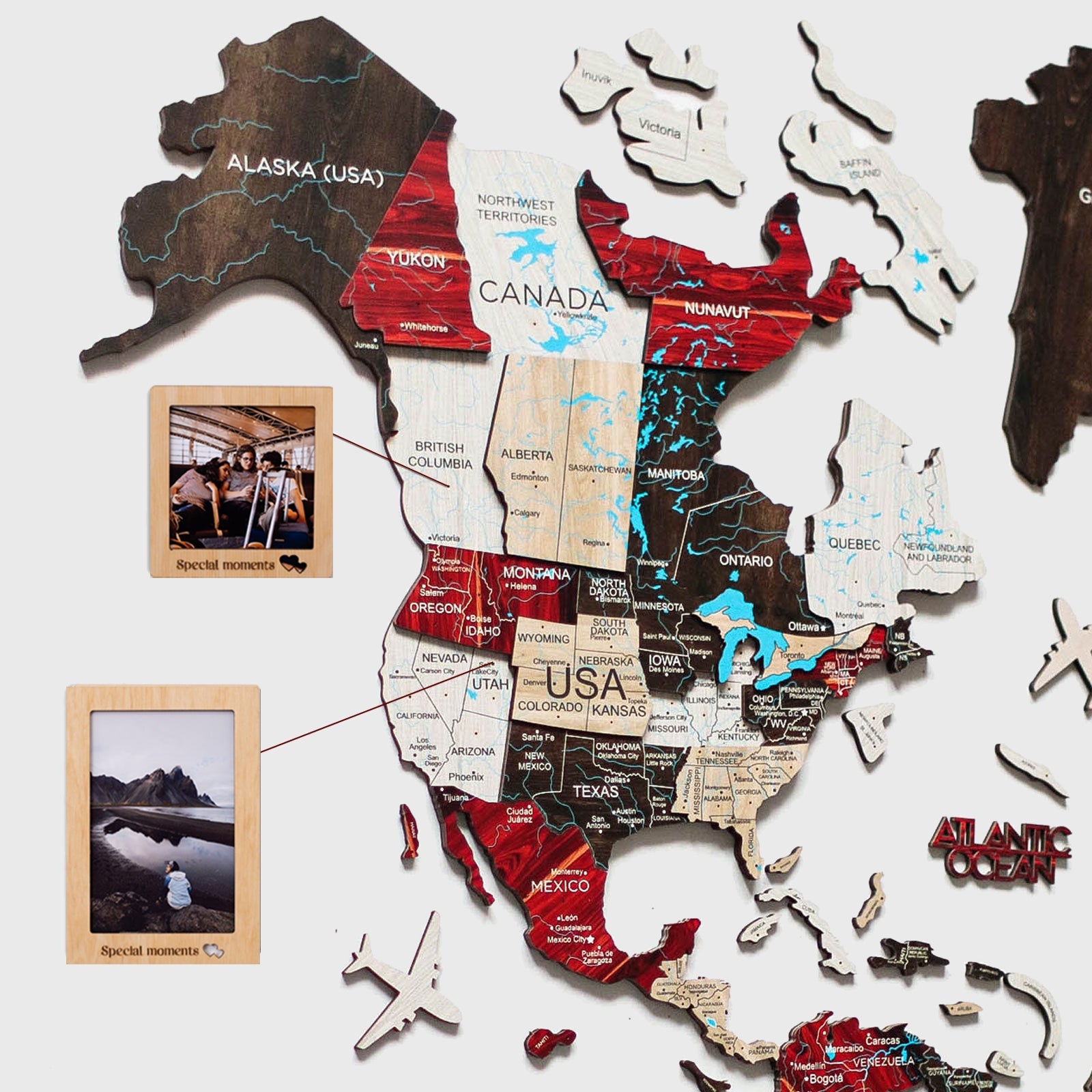 Bundle: 3D Colored Map with 9 Photo Frames and Flags Pins