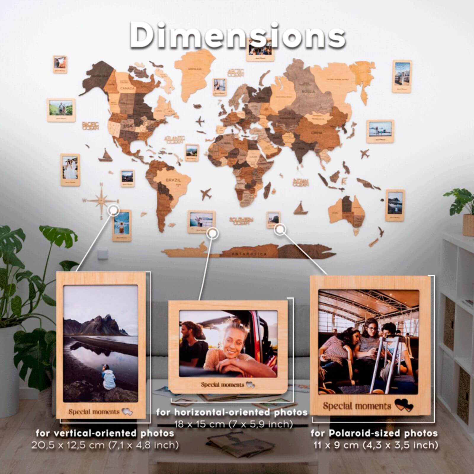 Bundle: 3D Colored Map with 9 Photo Frames and Flags Pins