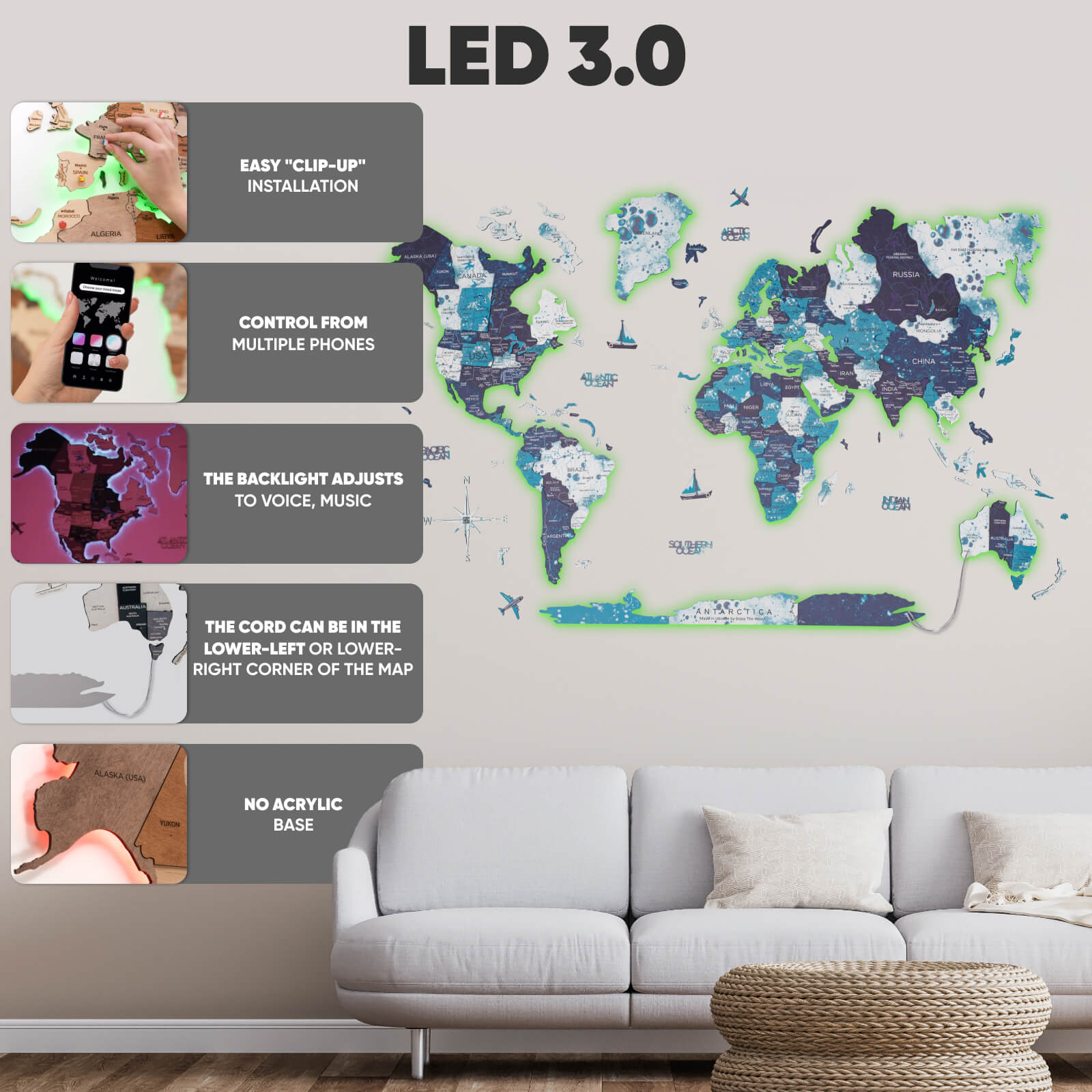 3D LED Wooden World Map 3.0 Ocean