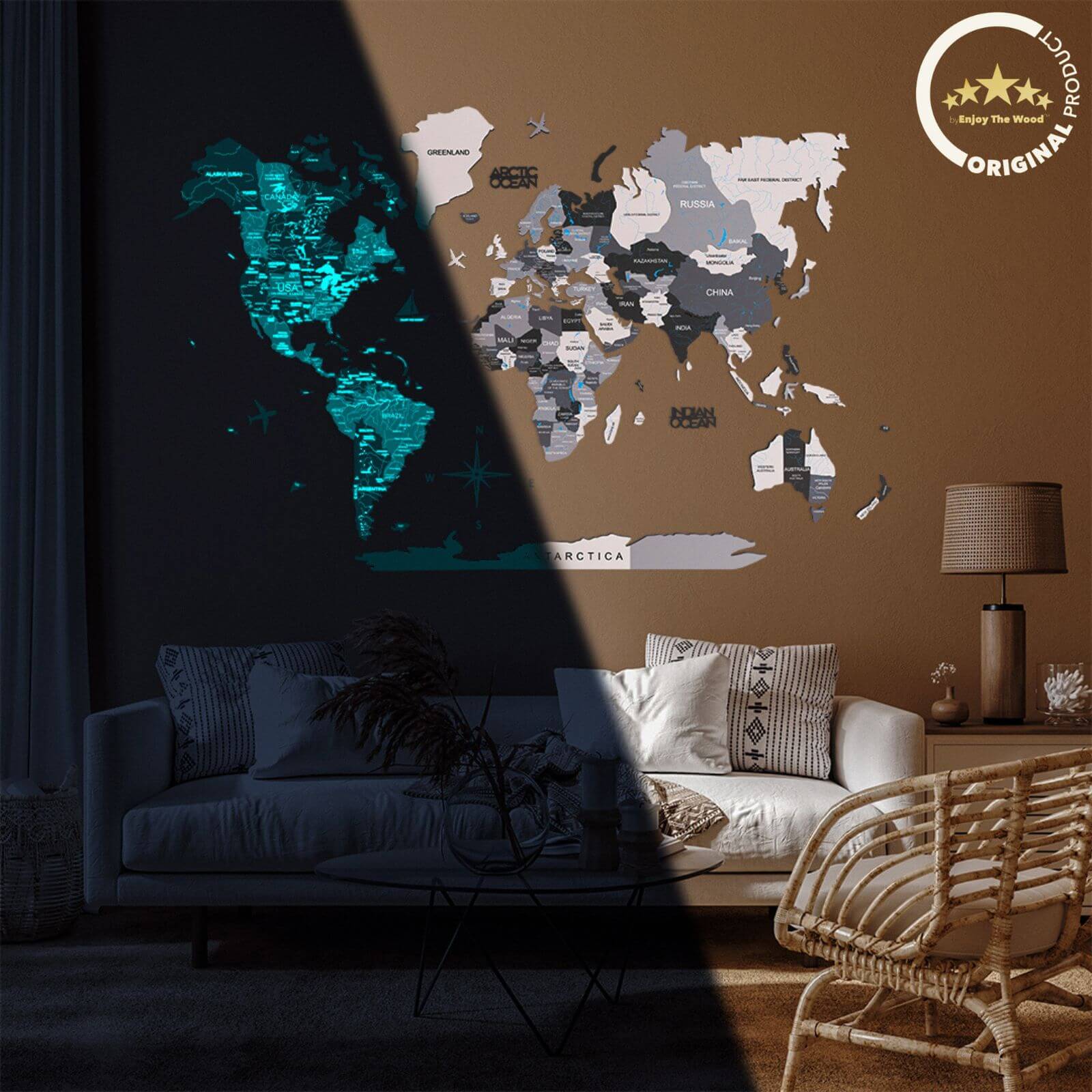 luminous colored wooden world map