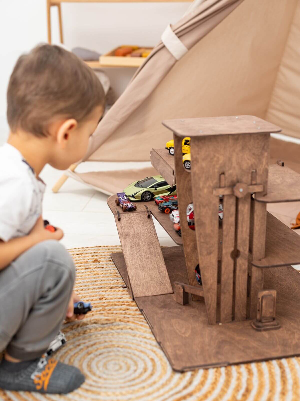 toy parking garage with elevator