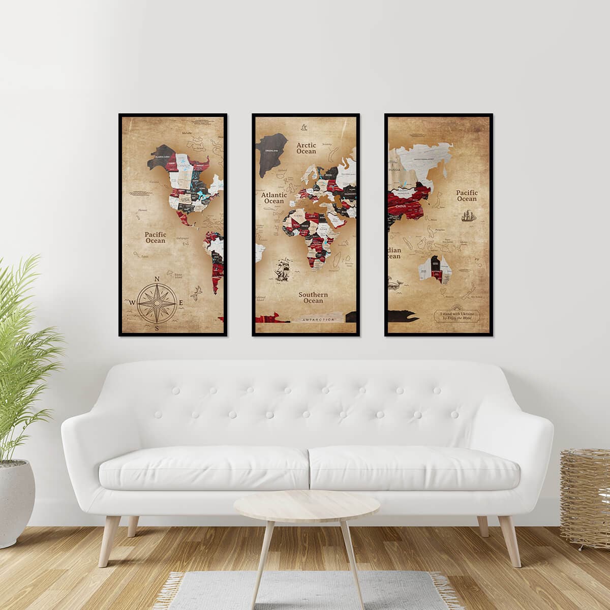 world map triptych