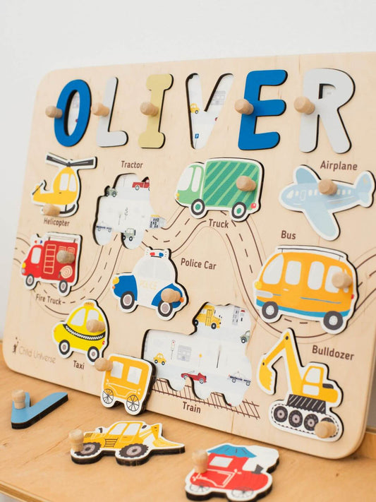 transport wooden name puzzle