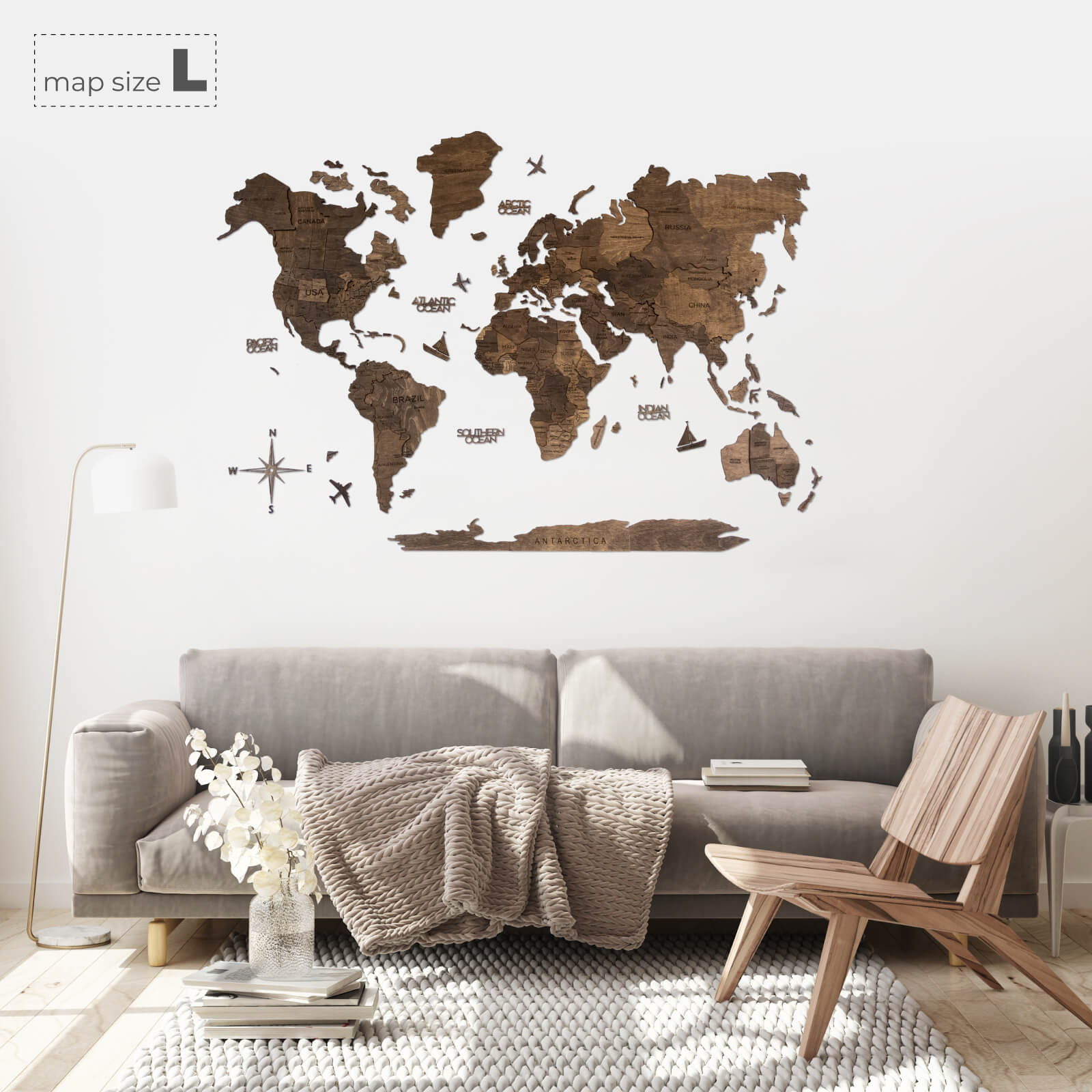 wooden wall map walnut