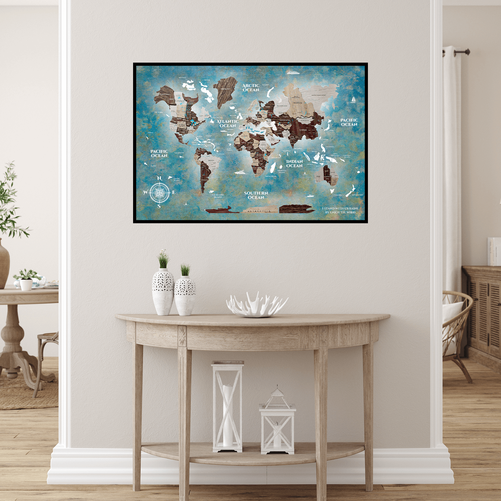 world map wooden panel